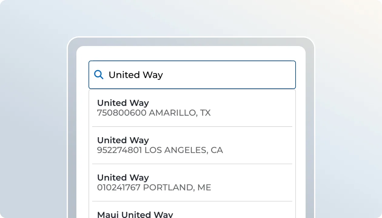 A text box with a search term and nonprofit results
