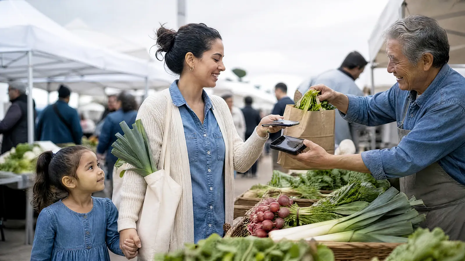 A mother holding her daughter’s hand pays with her phone at a farmers market stall.